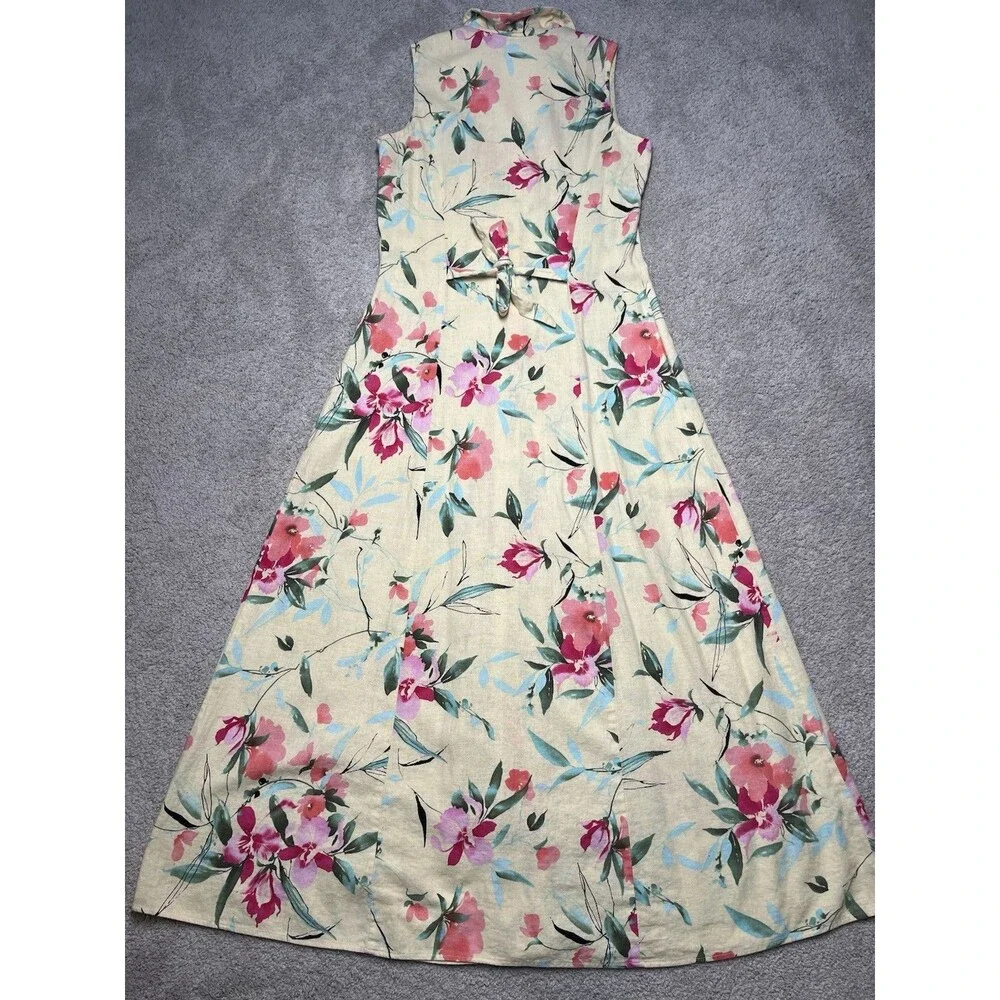 Coldwater Creek Floral Linen Maxi Dress Size 6 Yellow Modest Button Cottage Boho